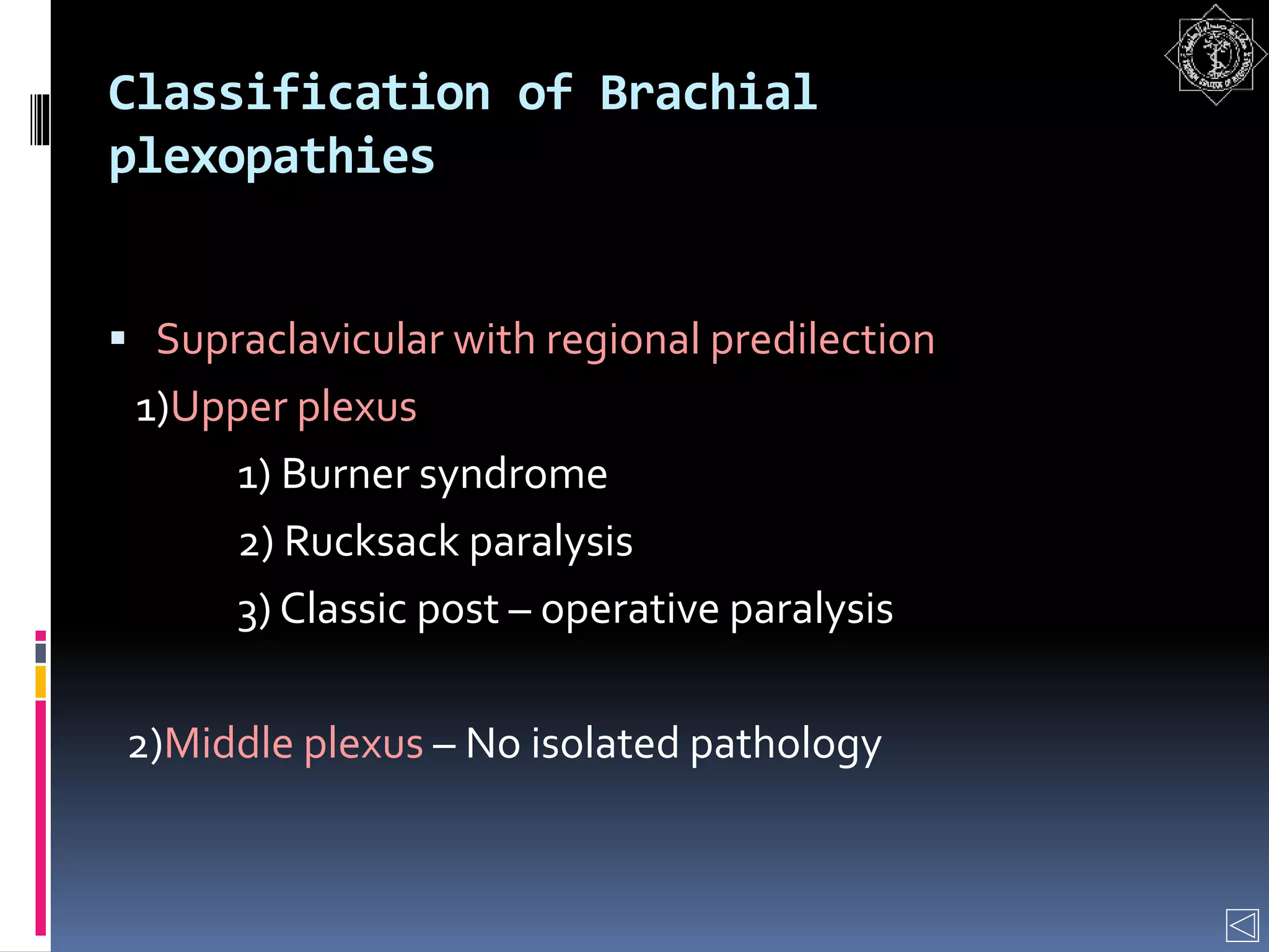Classification of Brachial
plexopathies
 Supraclavicular with regional predilection
1)Upper plexus
1) Burner syndrome
2) Rucksack paralysis
3) Classic post – operative paralysis
2)Middle plexus – No isolated pathology
 