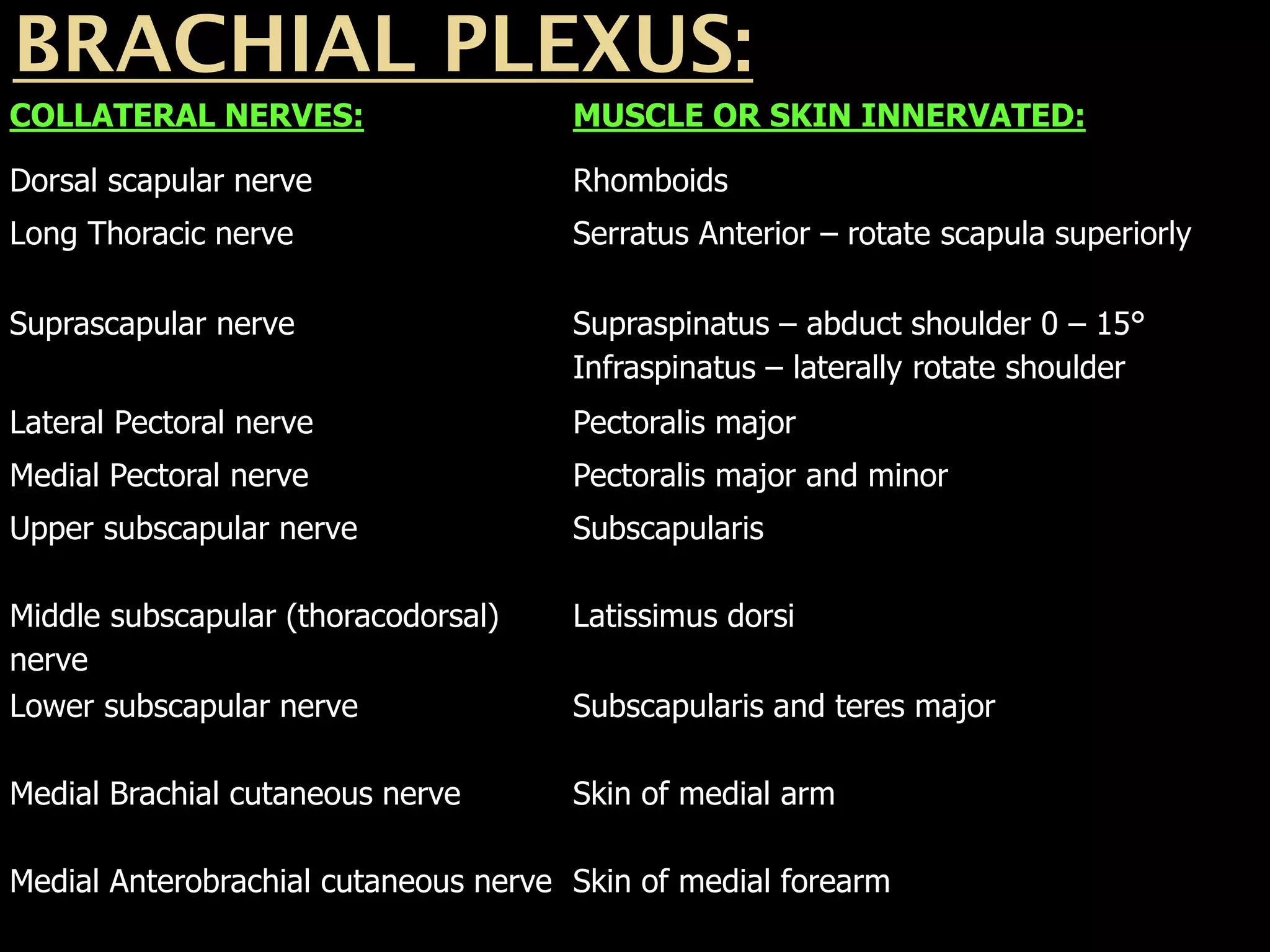 COLLATERAL NERVES: MUSCLE OR SKIN INNERVATED:
Dorsal scapular nerve Rhomboids
Long Thoracic nerve Serratus Anterior – rotate scapula superiorly
Suprascapular nerve Supraspinatus – abduct shoulder 0 – 15°
Infraspinatus – laterally rotate shoulder
Lateral Pectoral nerve Pectoralis major
Medial Pectoral nerve Pectoralis major and minor
Upper subscapular nerve Subscapularis
Middle subscapular (thoracodorsal)
nerve
Latissimus dorsi
Lower subscapular nerve Subscapularis and teres major
Medial Brachial cutaneous nerve Skin of medial arm
Medial Anterobrachial cutaneous nerve Skin of medial forearm
 