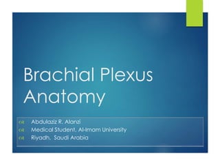 Brachial Plexus 
Anatomy 
 Abdulaziz R. Alanzi 
 Medical Student, Al-Imam University 
 Riyadh, Saudi Arabia 
 