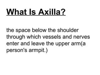 What Is Axilla?
the space below the shoulder
through which vessels and nerves
enter and leave the upper arm(a
person's armpit.)
 