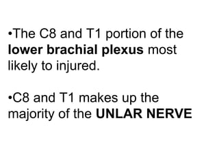 •The C8 and T1 portion of the
lower brachial plexus most
likely to injured.
•C8 and T1 makes up the
majority of the UNLAR NERVE
 