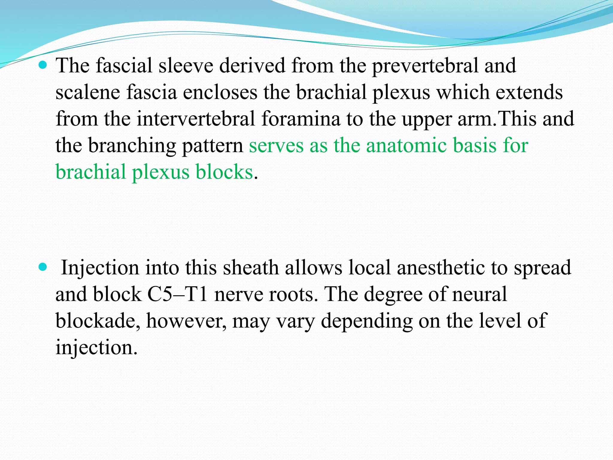  The fascial sleeve derived from the prevertebral and
scalene fascia encloses the brachial plexus which extends
from the intervertebral foramina to the upper arm.This and
the branching pattern serves as the anatomic basis for
brachial plexus blocks.
 Injection into this sheath allows local anesthetic to spread
and block C5–T1 nerve roots. The degree of neural
blockade, however, may vary depending on the level of
injection.
 