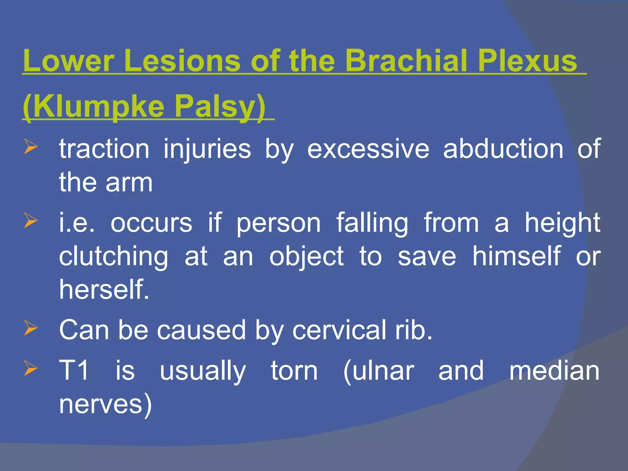 Lower Lesions of the Brachial Plexus
(Klumpke Palsy)
 traction injuries by excessive abduction of
  the arm
 i.e. occurs if person falling from a height
  clutching at an object to save himself or
  herself.
 Can be caused by cervical rib.
 T1 is usually torn (ulnar and median
  nerves)
 