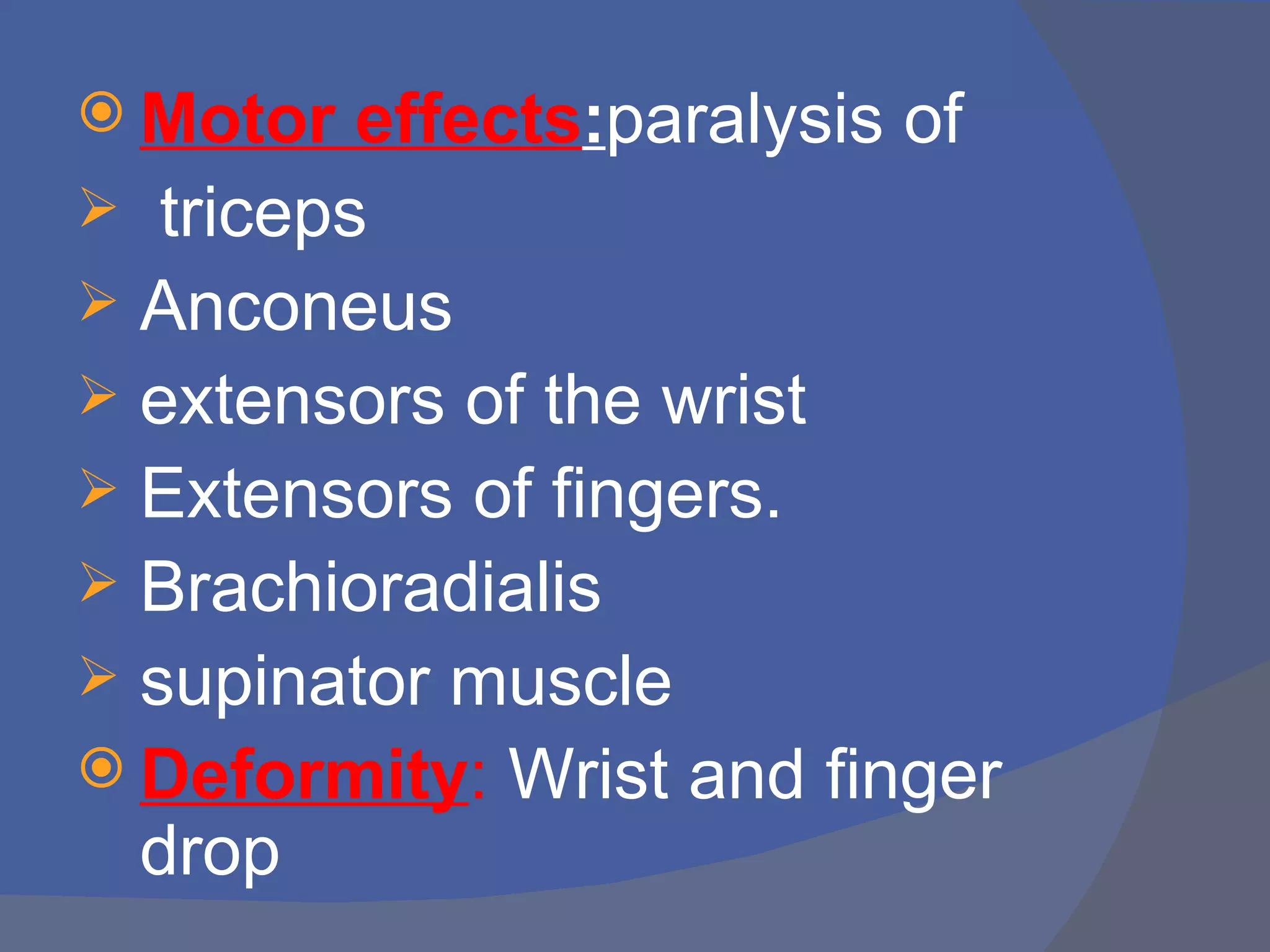  Motor  effects:paralysis of
 triceps
 Anconeus
 extensors of the wrist
 Extensors of fingers.
 Brachioradialis
 supinator muscle
 Deformity: Wrist and finger
  drop
 