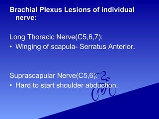 Brachial Plexus Lesions of individual
nerve:
Long Thoracic Nerve(C5,6,7):
• Winging of scapula- Serratus Anterior.
Suprascapular Nerve(C5,6):
• Hard to start shoulder abduction.
 