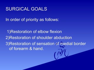 SURGICAL GOALS
In order of priority as follows:
1)Restoration of elbow flexion
2)Restoration of shoulder abduction
3)Restoration of sensation of medial border
of forearm & hand.
 