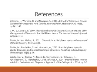 References
Solomon, L., Warwick, D. and Nayagam, S., 2014. Apley And Solomon's Concise
System Of Orthopaedics And Trauma, Fourth Edition. Hoboken: CRC Press,
pp.141-143.
S, M., S, T. and D, P., 2007. Instructional Course Lecture: Assessment and Early
Management of Traumatic Brachial Plexus Injury. The Internet Journal of Hand
Surgery, 1(1).
Thatte, M. and Mehta, R., 2011. Obstetric brachial plexus injury. Indian Journal
of Plastic Surgery, 44(3), p.380.
Thatte, M., Babhulkar, S. and Hiremath, A., 2013. Brachial plexus injury in
adults: Diagnosis and surgical treatment strategies. Annals of Indian Academy
of Neurology, 16(1), p.26.
Sakellariou, V., Badilas, N., Mazis, G., Stavropoulos, N., Kotoulas, H.,
Kyriakopoulos, S., Tagkalegkas, I. and Sofianos, I., 2014. Brachial Plexus Injuries
in Adults: Evaluation and Diagnostic Approach. ISRN Orthopedics, 2014, pp.1-9.
 