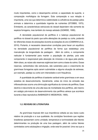 14
muito importantes, como o desempenho animal, a capacidade de suporte, e
composição morfológica da forragem. Esta composição e sua relação é
importante, uma vez que determina a seletividade e a eficiência de pastejo pelos
animais e determina a quantidade ingerida de nutrientes (STOBBS, 1975).
Entretanto, as características estruturais do dossel dependem não somente da
espécie forrageira, mas também do manejo adotado (GOMIDE, 1999).
A densidade populacional de perfilhos é o balanço populacional de
perfilhos no dossel do pasto que sofre alterações de pastejo ou corte, podendo
ter diferentes doses de adubações durante as estações do ano (CAMINHA et al.,
2010). Portanto, é necessário desenvolver condições para haver um equilíbrio
na densidade populacional de perfilhos de forma que estabeleça uma
manutenção da longevidade da pastagem. Além do colmo, o componente
radicular é fundamental para manter a população de plantas, pois este
componente é responsável pela absorção de minerais e de água pela planta.
Além disso, as raízes são reservas orgânicas bem como a base do colmo. Essas
reservas, carboidratos não estruturais, são substratos para o crescimento de
gramíneas forrageiras após serem submetidas a alguma situação de estresse,
por exemplo, pastejo ou corte com intensidade e com frequência.
A quantidade de perfilhos é bastante variável entre gramíneas e em seus
estádios de desenvolvimento. Geralmente, antes do início da emissão das
inflorescências ocorre uma diminuição significativa do número de perfilhos. Esse
declínio é decorrente de uma alta taxa de mortalidade dos perfilhos, até mesmo
em estágio pré-maturo de desenvolvimento dos perfilhos aéreos que acontece
durante a fase reprodutiva (NABINGER E MEDEIROS, 1995).
1.2. REVISÃO DE LITERATURA
As gramíneas tropicais têm sua importância voltada ao seu baixo custo
relativo de produção e a sua qualidade. As condições favoráveis que regiões
brasileiras apresentam como umidade, temperatura e luminosidade são fatores
determinantes na produção de uma boa pastagem, além de outros fatores
controlados como adubações e irrigação, onde esta for possível. Uma vez que a
 
