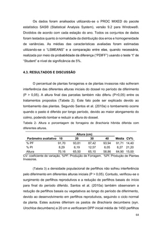 64
Os dados foram analisados utilizando-se o PROC MIXED do pacote
estatístico SAS® (Statistical Analysis System), versão 9.2 para Windows®.
Divididos de acordo com cada estação do ano. Todos os conjuntos de dados
foram testados quanto à normalidade da distribuição dos erros e homogeneidade
de variâncias. As médias das características avaliadas foram estimadas
utilizando-
realizada por meio da
nível de significância de 5%.
4.3. RESULTADOS E DISCUSSÃO
O percentual de plantas forrageiras e de plantas invasoras não sofreram
interferência das diferentes alturas iniciais do dossel no período de diferimento
(P > 0,05). A altura final das parcelas também não diferiu (P>0,05) entre os
tratamentos propostos (Tabela 2). Este fato pode ser explicado devido ao
tombamento das plantas. Segundo Santos et al. (2010a) o tombamento ocorre
quando o pasto é diferido por longo período, devido ao maior alongamento do
colmo, podendo tombar e reduzir a altura do dossel.
Tabela 2- Altura e porcentagem de forrageira de Brachiaria híbrida diferida com
diferentes alturas.
Altura (cm)
Parâmetro avaliativo 10 20 30 40 Média CV%
% PF 91,70 93,81 87,42 93,94 91,71 14,40
% PI 8,29 6,19 12,57 6,05 8,27 21,20
Altura 70,16 65,50 65,10 58,86 64,90 15,00
CV: coeficiente de variação. %PF: Produção de Forragem. %PI: Produção de Plantas
Invasoras.
(Tabela 3) a densidade populacional de perfilhos não sofreu interferência
pelo diferimento em diferentes alturas iniciais (P > 0,05). Contudo, verificou-se o
surgimento de perfilhos reprodutivos e a redução de perfilhos basais do início
para final do período diferido. Santos et al. (2010a) também observaram a
redução de perfilhos basais ou vegetativos ao longo do período de diferimento,
devido ao desenvolvimento em perfilhos reprodutivos, seguindo o ciclo normal
da planta. Estes autores diferiram os pastos de Brachiaria decumbens (syn.
Urochloa decumbens) a 20 cm e verificaram DPP inicial média de 1450 perfilhos
 