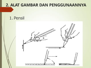 2. ALAT GAMBAR DAN PENGGUNAANNYA
1.Pensil
 