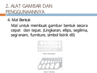 4. Mal Bentuk
Mal untuk membuat gambar bentuk secara
cepat dan tepat. (Lingkaran, ellips, segilima,
segi enam, furniture, simbol listrik dll)
2. ALAT GAMBAR DAN
PENGGUNAANNYA
 
