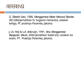 REFERENSI
G. Takeshi Sato, 1986. Menggambar Mesin Menurut Standar
ISO (diterjemahkan N. Sugiarto Hartanto), cetakan
ketiga, PT
. pradnya Paramita, Jakarta.
J. LA. Heij & L.A. debruijn, 1991, Ilmu Menggambar
Bangunan Mesin, (Diterjemahkan Soekiran), cetakan ke
enam, PT. Pradnya Paramita, Jakarta.
 