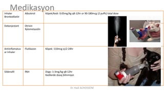 MedikasyonInhaler
Bronkodilatör
Albuterol Köpek/Kedi: 0.05mg/kg q8-12hr or 90-180mcg (2 puffs) total dose
Dekonjestant Otrivin
Xylometazolin
Antiinflamatuv
ar Inhaler
Flutikazon Köpek: 110mcg q12-24hr
Sildenafil PAH Dogs: 1-3mg/kg q8-12hr
Kedilerde dozaj bilinmiyor.
Dr. Hadi ALİHOSSEİNİ
 