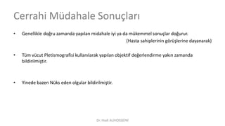 Cerrahi Müdahale Sonuçları
• Genellikle doğru zamanda yapılan midahale iyi ya da mükemmel sonuçlar doğurur.
(Hasta sahiplerinin görüşlerine dayanarak)
• Tüm vücut Pletismografisi kullanılarak yapılan objektif değerlendirme yakın zamanda
bildirilmiştir.
• Yinede bazen Nüks eden olgular bildirilmiştir.
Dr. Hadi ALİHOSSEİNİ
 