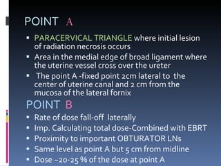 POINT   A PARACERVICAL TRIANGLE  where initial lesion of radiation necrosis occurs Area in the medial edge of broad ligament where the uterine vessel cross over the ureter The point A -fixed point 2cm lateral to  the center of uterine canal and 2 cm from the mucosa of the lateral fornix POINT   B Rate of dose fall-off  laterally Imp. Calculating total dose-Combined with EBRT Proximity to important OBTURATOR LNs Same level as point A but 5 cm from midline Dose ~20-25 % of the dose at point A 