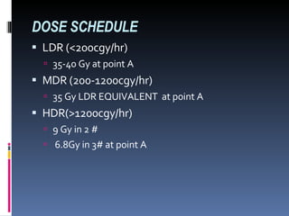 DOSE SCHEDULE LDR (<200cgy/hr) 35-40 Gy at point A MDR (200-1200cgy/hr)  35 Gy LDR EQUIVALENT  at point A HDR(>1200cgy/hr) 9 Gy in 2 # 6.8Gy in 3# at point A 