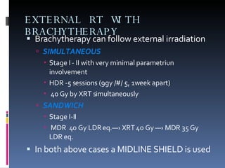 EXTERNAL RT WITH BRACHYTHERAPY Brachytherapy can follow external irradiation SIMULTANEOUS Stage I - II with very minimal parametriun involvement  HDR -5 sessions (9gy /#/ 5, 1week apart) 40 Gy by XRT simultaneously SANDWICH Stage I-II MDR  40 Gy LDR eq.—› XRT 40 Gy —› MDR 35 Gy LDR eq.  In both above cases a MIDLINE SHIELD is used 