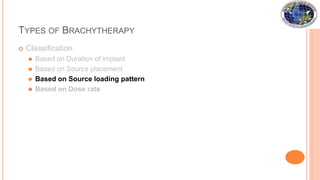 TYPES OF BRACHYTHERAPY
 Classification
⚫ Based on Duration of implant
⚫ Based on Source placement
⚫ Based on Source loading pattern
⚫ Based on Dose rate
 