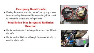 Emergency Hand Crank:
➢ During the source stuck in case of emergency button
is not working then manually rotate the golden crank
to retract the source into safe position.
Scintillation Type Integrated Radiation
Detector:
➢ Radiation is detected although the source should be in
the safe.
➢ Radiation level is low, although the source should be
outside of the safe.
 