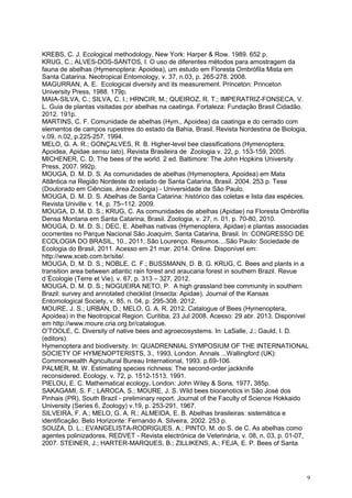 9
KREBS, C. J. Ecological methodology. New York: Harper & Row. 1989. 652 p.
KRUG, C.; ALVES-DOS-SANTOS, I. O uso de diferentes métodos para amostragem da
fauna de abelhas (Hymenoptera: Apoidea), um estudo em Floresta Ombrófila Mista em
Santa Catarina. Neotropical Entomology, v. 37, n.03, p. 265-278. 2008.
MAGURRAN, A. E. Ecological diversity and its measurement. Princeton: Princeton
University Press, 1988. 179p.
MAIA-SILVA, C.; SILVA, C. I.; HRNCIR, M.; QUEIROZ, R. T.; IMPERATRIZ-FONSECA, V.
L. Guia de plantas visitadas por abelhas na caatinga. Fortaleza: Fundação Brasil Cidadão.
2012. 191p.
MARTINS, C. F. Comunidade de abelhas (Hym., Apoidea) da caatinga e do cerrado com
elementos de campos rupestres do estado da Bahia, Brasil. Revista Nordestina de Biologia,
v.09, n.02, p.225-257. 1994.
MELO, G. A. R.; GONÇALVES, R. B. Higher-level bee classifications (Hymenoptera,
Apoidea, Apidae sensu lato). Revista Brasileira de Zoologia v. 22, p. 153-159, 2005.
MICHENER, C. D. The bees of the world. 2 ed. Baltimore: The John Hopkins University
Press, 2007. 992p.
MOUGA, D. M. D. S. As comunidades de abelhas (Hymenoptera, Apoidea) em Mata
Atlântica na Região Nordeste do estado de Santa Catarina, Brasil. 2004. 253 p. Tese
(Doutorado em Ciências, área Zoologia) - Universidade de São Paulo.
MOUGA, D. M. D. S. Abelhas de Santa Catarina: histórico das coletas e lista das espécies.
Revista Univille v. 14, p. 75–112. 2009.
MOUGA, D. M. D. S.; KRUG, C. As comunidades de abelhas (Apidae) na Floresta Ombrófila
Densa Montana em Santa Catarina, Brasil. Zoologia, v. 27, n. 01, p. 70-80, 2010.
MOUGA, D. M. D. S.; DEC, E. Abelhas nativas (Hymenoptera, Apidae) e plantas associadas
ocorrentes no Parque Nacional São Joaquim, Santa Catarina, Brasil. In: CONGRESSO DE
ECOLOGIA DO BRASIL, 10., 2011, São Lourenço. Resumos....São Paulo: Sociedade de
Ecologia do Brasil, 2011. Acesso em 21 mar. 2014. Online. Disponível em:
http://www.xceb.com.br/site/.
MOUGA, D. M. D. S.; NOBLE, C. F.; BUSSMANN, D. B. G. KRUG, C. Bees and plants in a
transition area between atlantic rain forest and araucaria forest in southern Brazil. Revue
d´Écologie (Terre et Vie), v. 67, p. 313 – 327, 2012.
MOUGA, D. M. D. S.; NOGUEIRA NETO, P. A high grassland bee community in southern
Brazil: survey and annotated checklist (Insecta: Apidae). Journal of the Kansas
Entomological Society, v. 85, n. 04, p. 295-308. 2012.
MOURE, J. S.; URBAN, D.; MELO, G. A. R. 2012. Catalogue of Bees (Hymenoptera,
Apoidea) in the Neotropical Region. Curitiba, 23 Jul 2008. Acesso: 29 abr. 2013. Disponível
em http://www.moure.cria.org.br/catalogue.
O’TOOLE, C. Diversity of native bees and agroecosystems. In: LaSalle, J.; Gauld, I. D.
(editors).
Hymenoptera and biodiversity. In: QUADRENNIAL SYMPOSIUM OF THE INTERNATIONAL
SOCIETY OF HYMENOPTERISTS, 3., 1993, London. Annals ...Wallingford (UK):
Commonwealth Agricultural Bureau International, 1993. p.69-106.
PALMER, M. W. Estimating species richness: The second-order jackknife
reconsidered. Ecology, v. 72, p. 1512-1513, 1991.
PIELOU, E. C. Mathematical ecology. London: John Wiley & Sons, 1977. 385p.
SAKAGAMI, S. F.; LAROCA, S.; MOURE, J. S. Wild bees biocenotics in São José dos
Pinhais (PR), South Brazil - preliminary report. Journal of the Faculty of Science Hokkaido
University (Series 6, Zoology) v.19, p. 253-291, 1967.
SILVEIRA, F. A.; MELO, G. A. R.; ALMEIDA, E. B. Abelhas brasileiras: sistemática e
identificação. Belo Horizonte: Fernando A. Silveira, 2002. 253 p.
SOUZA, D. L.; EVANGELISTA-RODRIGUES, A.; PINTO, M. do S. de C. As abelhas como
agentes polinizadores. REDVET - Revista electrónica de Veterinária, v. 08, n. 03, p. 01-07,
2007. STEINER, J.; HARTER-MARQUES, B.; ZILLIKENS, A.; FEJA, E. P. Bees of Santa
 