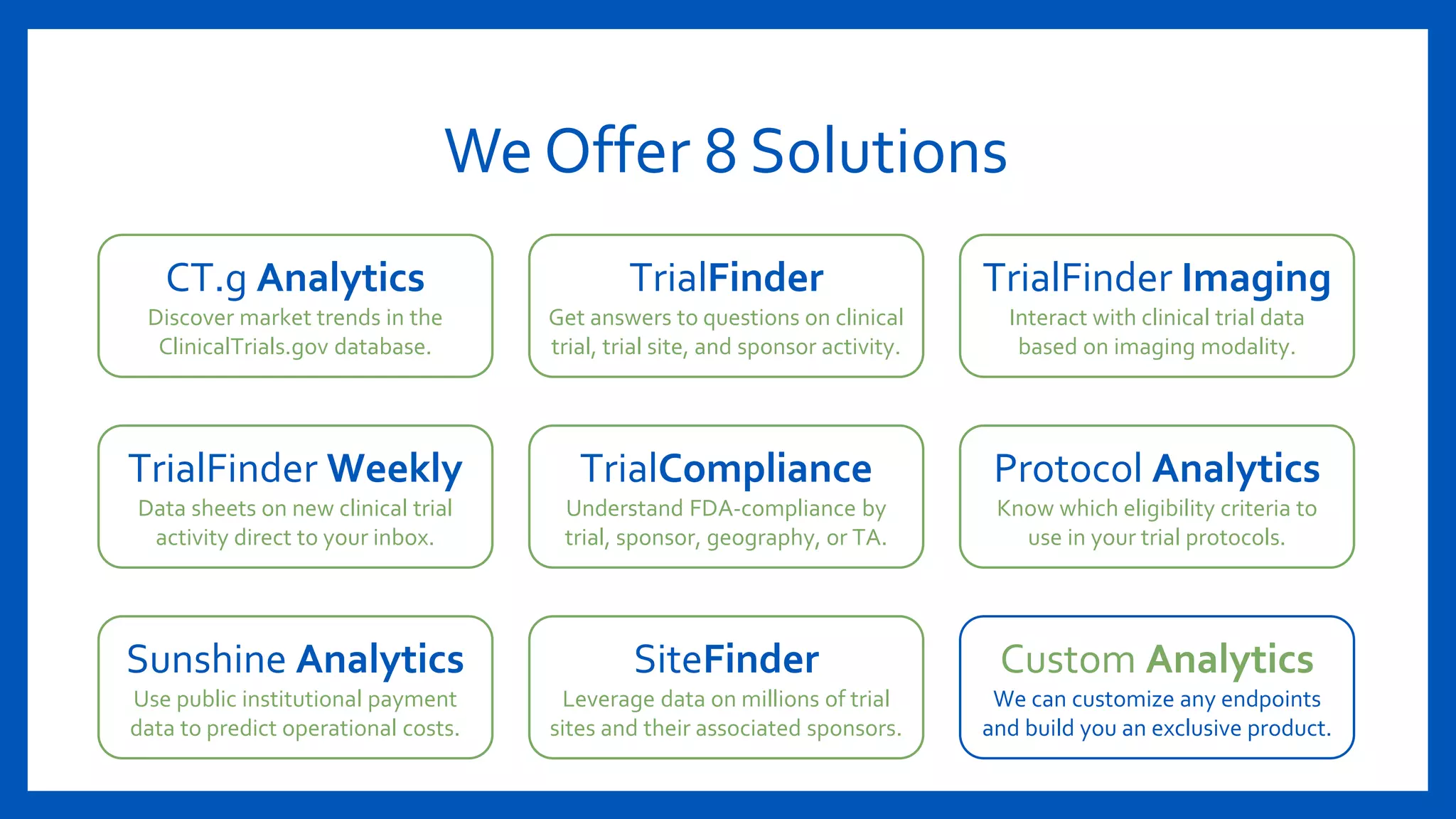 We Offer 8 Solutions
CT.g Analytics
Discover market trends in the
ClinicalTrials.gov database.
TrialFinder
Get answers to questions on clinical
trial, trial site, and sponsor activity.
TrialFinder Imaging
Interact with clinical trial data
based on imaging modality.
TrialFinder Weekly
Data sheets on new clinical trial
activity direct to your inbox.
TrialCompliance
Understand FDA-compliance by
trial, sponsor, geography, or TA.
Protocol Analytics
Know which eligibility criteria to
use in your trial protocols.
Sunshine Analytics
Use public institutional payment
data to predict operational costs.
SiteFinder
Leverage data on millions of trial
sites and their associated sponsors.
Custom Analytics
We can customize any endpoints
and build you an exclusive product.
 