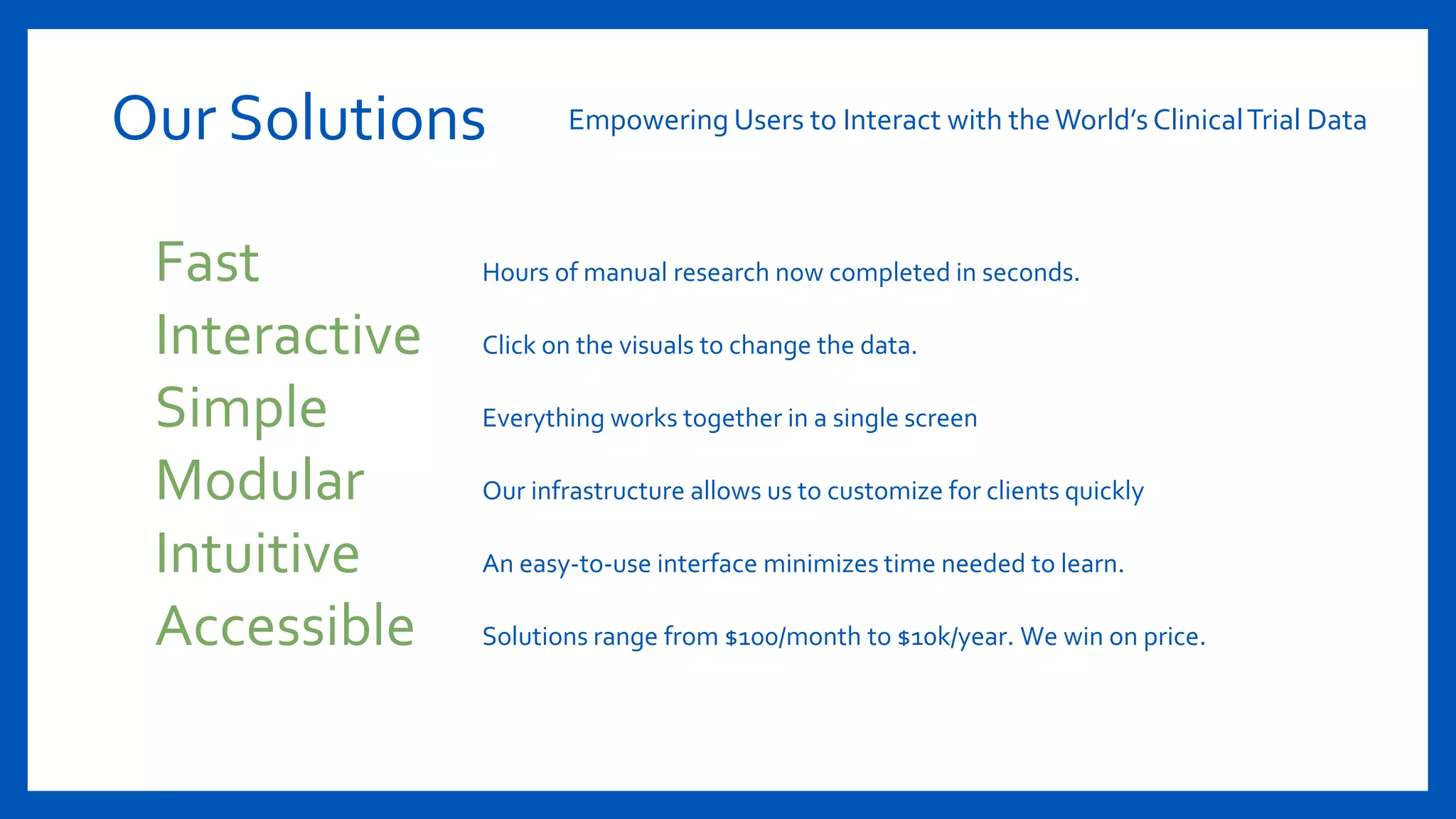 Empowering Users to Interact with theWorld’s ClinicalTrial Data
Fast Hours of manual research now completed in seconds.
Interactive Click on the visuals to change the data.
Simple Everything works together in a single screen
Modular Our infrastructure allows us to customize for clients quickly
Intuitive An easy-to-use interface minimizes time needed to learn.
Accessible Solutions range from $100/month to $10k/year. We win on price.
Our Solutions
 