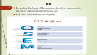 ICH
 International Conference of Harmonisation of technical requirements for
registration of pharmaceuticals for human use.
 ICH Topics are divided into four categories .
3
 