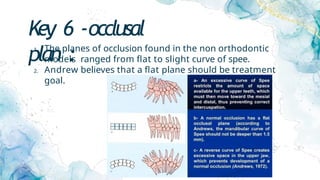 Key 6 -occlusal
plan :
1. The planes of occlusion found in the non orthodontic
models ranged from flat to slight curve of spee.
2. Andrew believes that a flat plane should be treatment
goal.
 