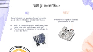 base
Superficie sobre la que se coloca el cemento
para adherir el bracket a la cara del órgano
dental
a) Malla: el cemento penetra en ella para una
mejor retención (química y mecánica)
b) Forma curva: se adapta a la morfología de
la cara del diente
aletas
Partes que lo conforman
Detendrán la ligadura elástica
para detener al arco
 