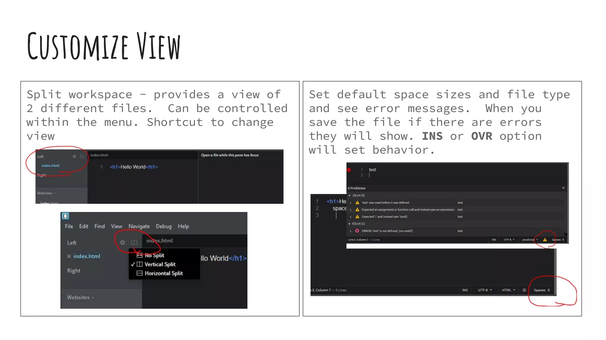 Customize View Split workspace - provides a view of 2 different files. Can be controlled within the menu. Shortcut to change view Set default space sizes and file type and see error messages. When you save the file if there are errors they will show. INS or OVR option will set behavior. 