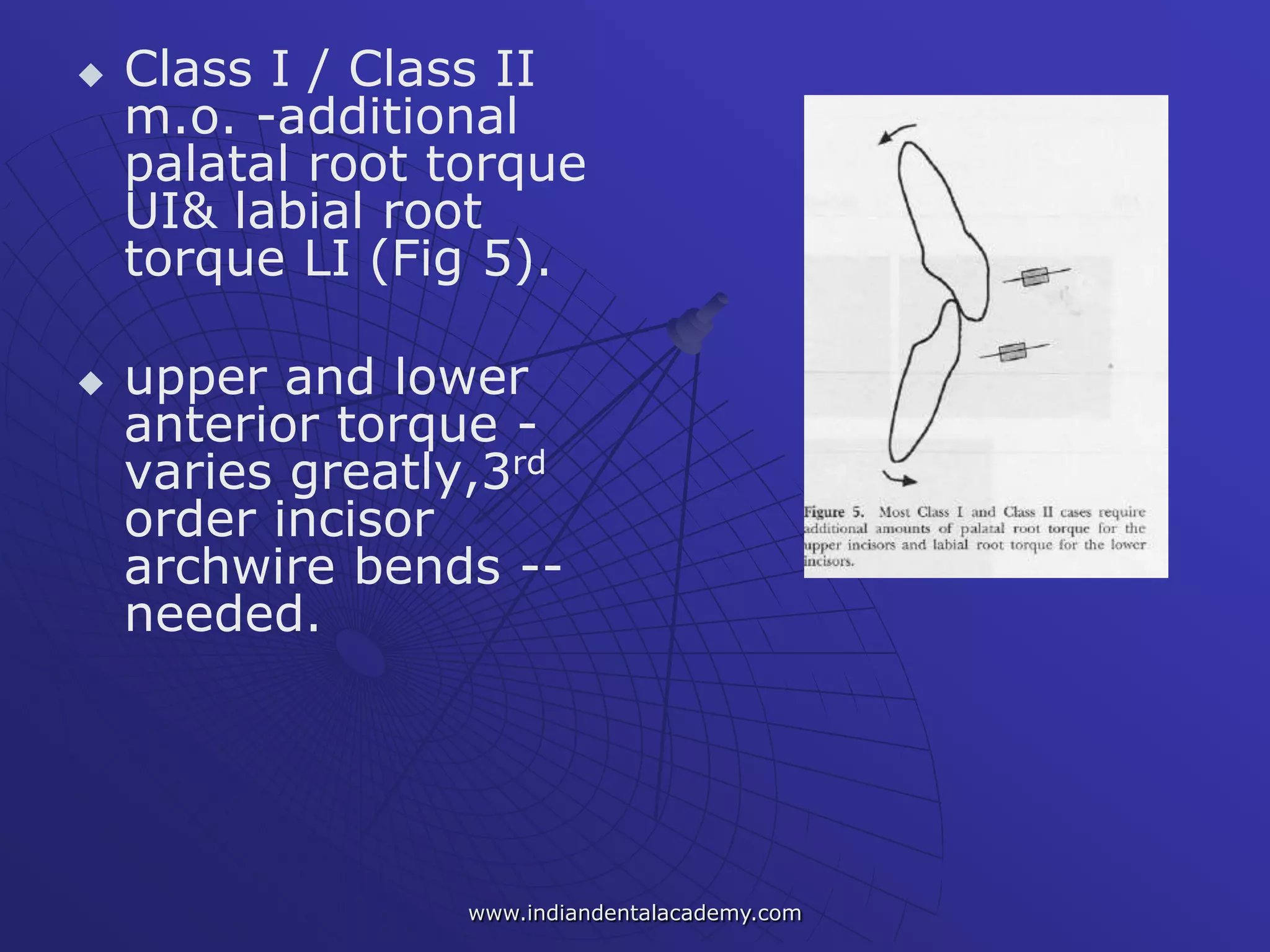  Class I / Class II
m.o. -additional
palatal root torque
UI& labial root
torque LI (Fig 5).
 upper and lower
anterior torque -
varies greatly,3rd
order incisor
archwire bends --
needed.
www.indiandentalacademy.com
 