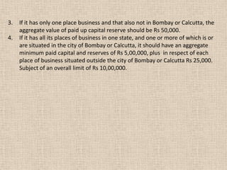 3. If it has only one place business and that also not in Bombay or Calcutta, the
aggregate value of paid up capital reserve should be Rs 50,000.
4. If it has all its places of business in one state, and one or more of which is or
are situated in the city of Bombay or Calcutta, it should have an aggregate
minimum paid capital and reserves of Rs 5,00,000, plus in respect of each
place of business situated outside the city of Bombay or Calcutta Rs 25,000.
Subject of an overall limit of Rs 10,00,000.
 