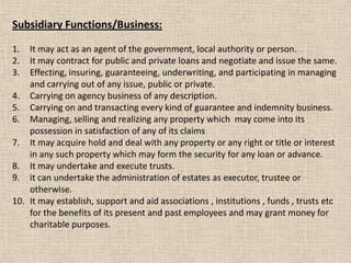 Subsidiary Functions/Business:
1. It may act as an agent of the government, local authority or person.
2. It may contract for public and private loans and negotiate and issue the same.
3. Effecting, insuring, guaranteeing, underwriting, and participating in managing
and carrying out of any issue, public or private.
4. Carrying on agency business of any description.
5. Carrying on and transacting every kind of guarantee and indemnity business.
6. Managing, selling and realizing any property which may come into its
possession in satisfaction of any of its claims
7. It may acquire hold and deal with any property or any right or title or interest
in any such property which may form the security for any loan or advance.
8. It may undertake and execute trusts.
9. it can undertake the administration of estates as executor, trustee or
otherwise.
10. It may establish, support and aid associations , institutions , funds , trusts etc
for the benefits of its present and past employees and may grant money for
charitable purposes.
 