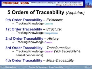 COMPSAC 2006 Chicago, IL, September 17-21, 2OO6
30th Annual International Computer Software & Applications Conference
8
5 Orders of Traceability (Appleton)
0th Order Traceability – Existence:
– Tracking Knowledge Content
1st Order Traceability – Structure:
– Tracking Knowledge Composition
2nd Order Traceability – History:
– Tracking Knowledge Context
3rd Order Traceability – Transformation:
– Tracking Knowledge Creation (“rich traceability” &
causal connections)
4th Order Traceability – Meta-Traceability
Trustworthy Transparency & Lean TraceabilityBrad Appleton
 