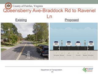 County of Fairfax, Virginia
Queensberry Ave-Braddock Rd to Ravenel
Ln
Department of Transportation
23
Existing Proposed
 