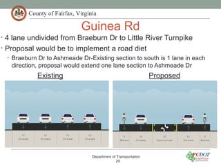 County of Fairfax, Virginia
Guinea Rd
• 4 lane undivided from Braeburn Dr to Little River Turnpike
• Proposal would be to implement a road diet
• Braeburn Dr to Ashmeade Dr-Existing section to south is 1 lane in each
direction, proposal would extend one lane section to Ashmeade Dr
Department of Transportation
29
Existing Proposed
 