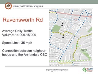 County of Fairfax, Virginia
Ravensworth Rd
Department of Transportation
44
Average Daily Traffic
Volume: 14,000-15,000
Speed Limit: 35 mph
Connection between neighbor-
hoods and the Annandale CBC
 