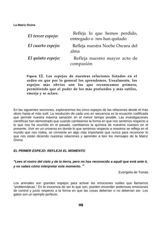 La Matriz Divina
El tercer espejo:
Refleja lo que hemos perdido,
entregado o nos han quitado
El cuarto espejo: Refleja nuestra Noche Oscura del
alma
El quinto espejo: Refleja nuestro mayor acto de
compasión
Figura 12. Los espejos de nuestras relaciones listados en el
orden en que por lo general los aprendemos. Usualmente, los
espejos más obvios son los que reconocemos primero,
permitiendo que el poder de los más profundos y más sutiles,
emerja y se aclare.
En las siguientes secciones, exploraremos los cinco espejos de las relaciones desde el más
obvio hasta el más sutil. La resolución de cada uno en secuencia es la ecuación codificada
que permite nuestra máxima sanación en el menor tiempo posible. Las investigaciones
científicas han demostrado que cuando cambiamos la forma en que nos sentimos respecto a
lo que nos ha ocurrido en el pasado, cambiamos la química de nuestros cuerpos en el
presente. Vivir en un universo en donde lo que sentimos respecto a nosotros se refleja en el
mundo que nos rodea, se convierte en algo más importante que nunca para reconocer lo
que nos están diciendo nuestras relaciones y aprender a leer los mensajes de la Matriz
Divina.
EL PRIMER ESPEJO: REFLEJA EL MOMENTO
"Lees el rostro del cielo y de la tierra, pero no has reconocido a aquél que está ante ti,
y no sabes cómo interpretar este momento. '
a
Evangelio de Tomás
Los animales son grandes espejos para activar las emociones sutiles que llamamos
"problemáticas." En la inocencia de ser lo que son, pueden encender poderosas emociones
de control y juicio respecto a la forma en que las cosas deberían o no deberían ser. Los
gatos son un ejemplo perfecto.
173
 