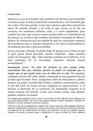 La Matriz Divina
Reflexioné en lo que decía Joseph. Qué metáfora tan hermosa para describir
la forma en que estamos conectados mutuamente y con el mundo que
nos rodea. Nos han guiado a creer que estamos separados unos de los
otros, de nuestro mundo y de todo lo que ocurre en él. En esa
creencia, nos sentíamos aislados, solos, y a veces impotentes, para
cambiar las cosas que causan nuestro propio dolor y el sufrimiento de
los demás. La ironía es que también nos hemos inundado de libros y
talleres de autoayuda que nos hablan de qué tan conectados estamos,
de lo poderosa que es nuestra conciencia y de cómo la humanidad es
en realidad una sola y preciosa familia.
Mientras escuchaba a Joseph, no podía dejar de pensar en la forma en que
el gran poeta Rumi describió nuestra condición. "¡Qué extraños
somos los humanos!" dijo. "Que estando sentados en el infierno, en lo
más profundo de la oscuridad, tememos nuestra propia
inmortalidad."1
Precisamente, pensé. No sólo las plantas en este campo están
conectadas sino que, además, poseen un poder en conjunto que es
mayor que el que puede tener una de ellas por sí sola. Por ejemplo,
cualquier arbusto del valle, influye solamente en esa pequeña área de
la tierra que lo rodea. Pero, coloquemos miles de ellos juntos y ¡obten-
dremos un poder considerable! Juntos, cambian características como
el pH del suelo de forma tal que aseguran su supervivencia. Y, al
hacerlo, el derivado de su existencia (su abundante oxígeno) es la
misma esencia del nuestro. Como una familia unida, estas plantas
pueden cambiar su mundo.
Es probable que tengamos más en común con la salvia de ese valle de Nuevo México de lo
que usted pueda pensar. Así como estas plantas poseen el poder individual y colectivo de
cambiar su mundo, también lo tenemos nosotros.
Cada vez más, las investigaciones sugieren que somos más que recién llegados cósmicos,
pasando simplemente a través de un universo que hace mucho tiempo terminó de formarse.
La evidencia de los experimentos nos lleva a la conclusión de que en realidad estamos
creando el universo a nuestro paso y ¡añadiendo a lo que ya existe! En otras palabras,
57
 