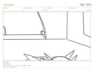 Scene
32
Duration
04:06
Panel
1
Duration
01:00
Dialog
MELKINOR
Ten years on a prison planet does
that to someone.
Page 79/114
 