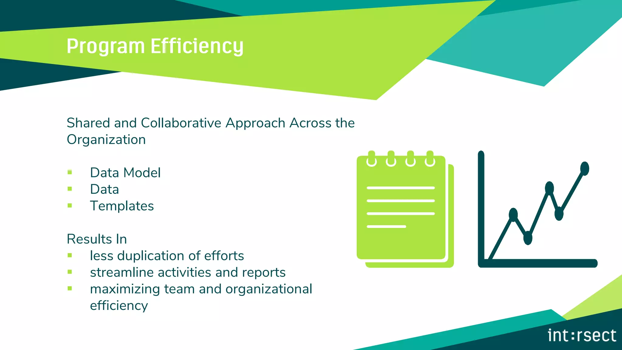Shared and Collaborative Approach Across the
Organization
▪ Data Model
▪ Data
▪ Templates
Results In
▪ less duplication of efforts
▪ streamline activities and reports
▪ maximizing team and organizational
efficiency
 