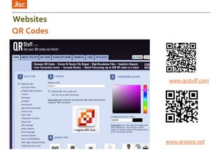 QR Codes
www.qrvoice.net
www.qrstuff.com
Websites
 