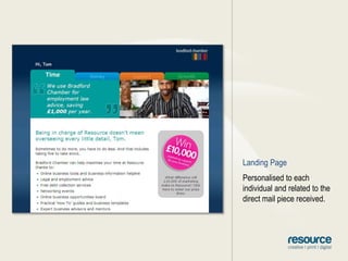 Landing PagePersonalised to each individual and related to the direct mail piece received.