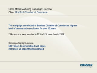 Cross Media Marketing Campaign OverviewClient: Bradford Chamber of CommerceThis campaign contributed to Bradford Chamber of Commerce’s highestlevel of membership recruitment for over 10 years.254 members  were recruited in 2010 - 51% more than in 2009.Campaign highlights include:600 visitors to personalised web pages204 follow up appointments arranged