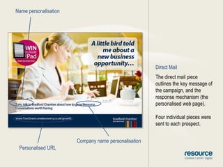 Name personalisationDirect MailThe direct mail piece outlines the key message of the campaign, and the response mechanism (the personalised web page).Four individual pieces were sent to each prospect.Company name personalisationPersonalised URL