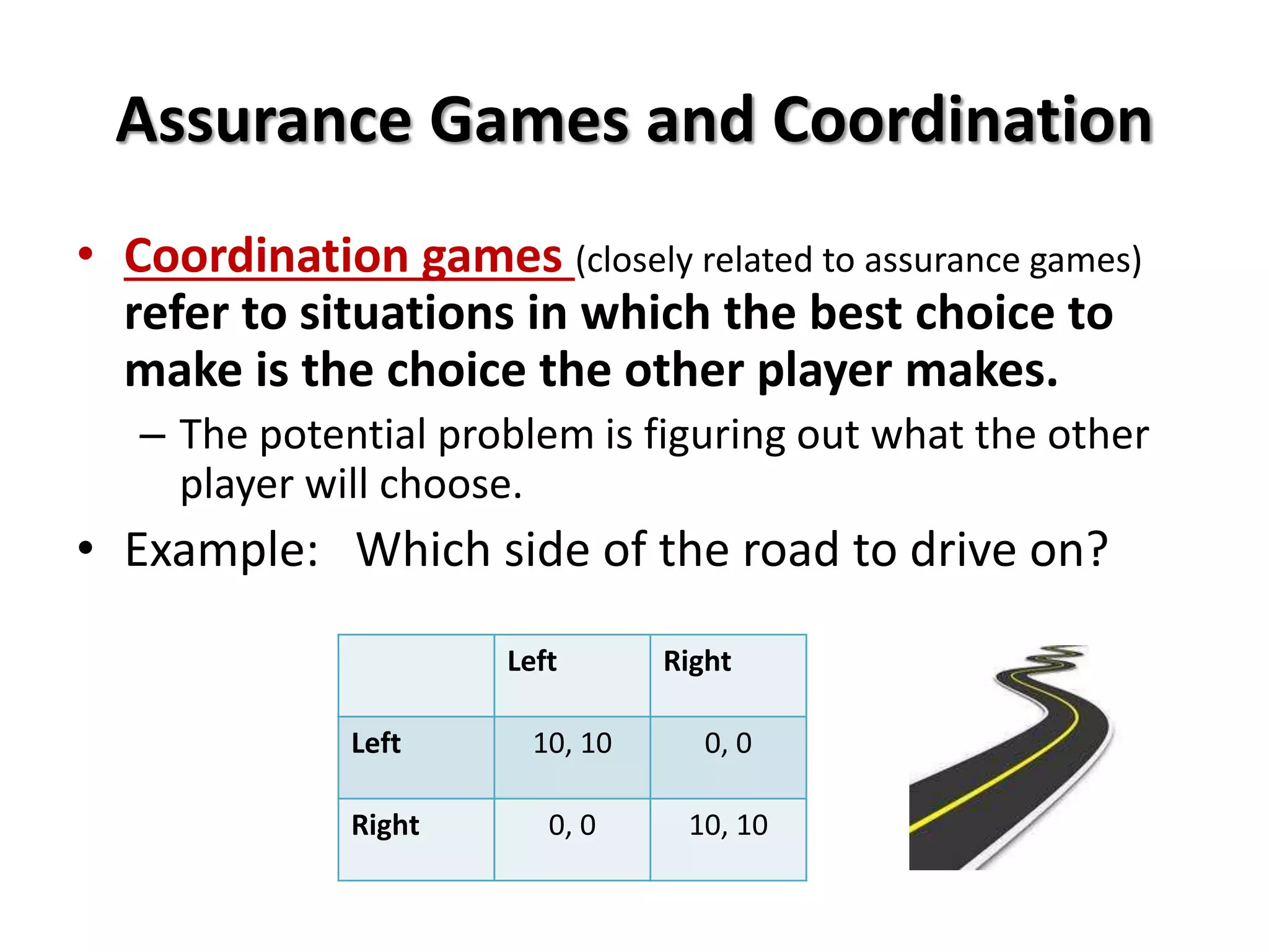 Assurance Games and Coordination 
• Coordination games (closely related to assurance games) 
refer to situations in which the best choice to 
make is the choice the other player makes. 
– The potential problem is figuring out what the other 
player will choose. 
• Example: Which side of the road to drive on? 
Left Right 
Left 10, 10 0, 0 
Right 0, 0 10, 10 
 