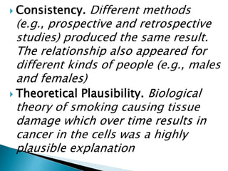  Consistency. Different methods
(e.g., prospective and retrospective
studies) produced the same result.
The relationship also appeared for
different kinds of people (e.g., males
and females)
 Theoretical Plausibility. Biological
theory of smoking causing tissue
damage which over time results in
cancer in the cells was a highly
plausible explanation
 
