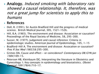  Analogy. Induced smoking with laboratory rats
showed a causal relationship. It, therefore, was
not a great jump for scientists to apply this to
humans
 References
 Doll, R. (1991). Sir Austin Bradford Hill and the progress of medical
science. British Medical Journal, 305, 1521-1526.
 Hill, B.A. (1965). The environment and disease: Association or causation?
Proceedings of the Royal Society of Medicine, 58, 295-300.
 Susser, M. (1977). Judgement and causal inference: Criteria in
epidemiologic studies. American Journal of Epidemiology, 105, 1-15
 Bradford-Hill A. The environment and disease: Assocation or causation?
Proc R Soc Med 1965;58:295-300.
 Grimes DA. Cause and effect - or coincidence? Contemporary OB/GYN Jan
1984;109-15.
 Peterson HB, Kleinbaum DG. Interpreting the literature in Obstetrics and
Gynecology: I. Key concepts in epidemiology and biostatistics. Obstet
Gynecol 1991;78(4):710-17.
 