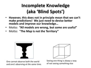 Incomplete Knowledge
                  (aka ‘Blind Spots’)
• However, this does not in principle mean that we can’t
  make predictions! We just need to devise better
  models and improve our knowledge…
• Motto: “All models are wrong, but some are useful”
• Motto: “The Map is not the Territory”




One cannot observe both the world       Seeing one thing is always a way
and one’s observing at the same time.   of not seeing something else
 