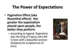 The Power of Expectations
• Pygmalion Effect (aka
  Rosenthal effect): the
  greater the expectation
  placed upon people, the
  better they perform.
  – According to legend, Pygmalion
    was the king of Cyprus who fell
    in love with a beautiful woman
    (Galatea) he sculpted out of
    ivory.
 